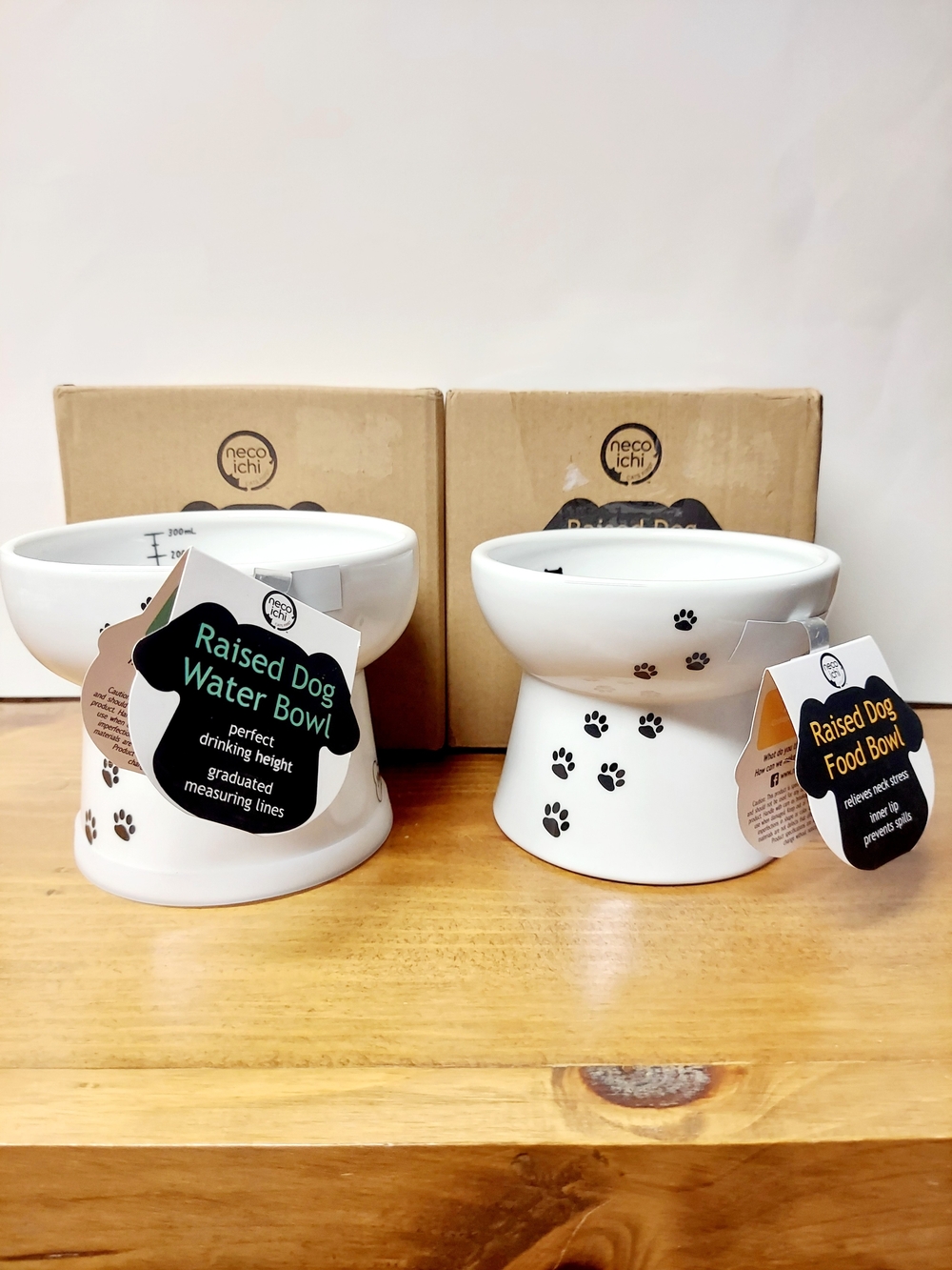 Necoichi Raised Small Dog Water & Food Ceramic 12oz Bowls, Black Paw Prints